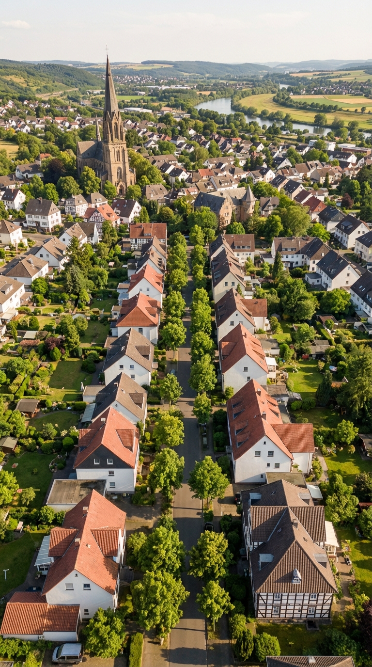 Luftaufnahme der Stadtteile von Ratingen im Rheinland